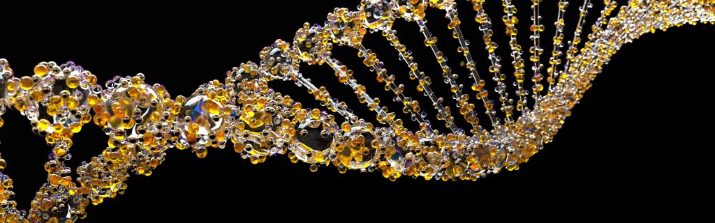 Gyllene DNA-spiral mot svart bakgrund