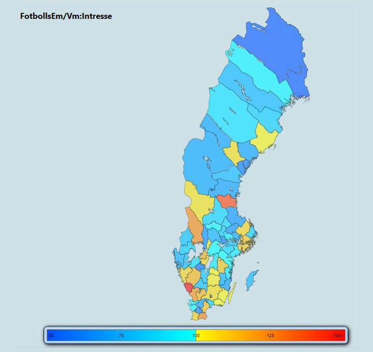 Karta över Sverige: intresse för Fotbolls-EM/VM per kommun, högst i delar av Mellansverige och Västsverige