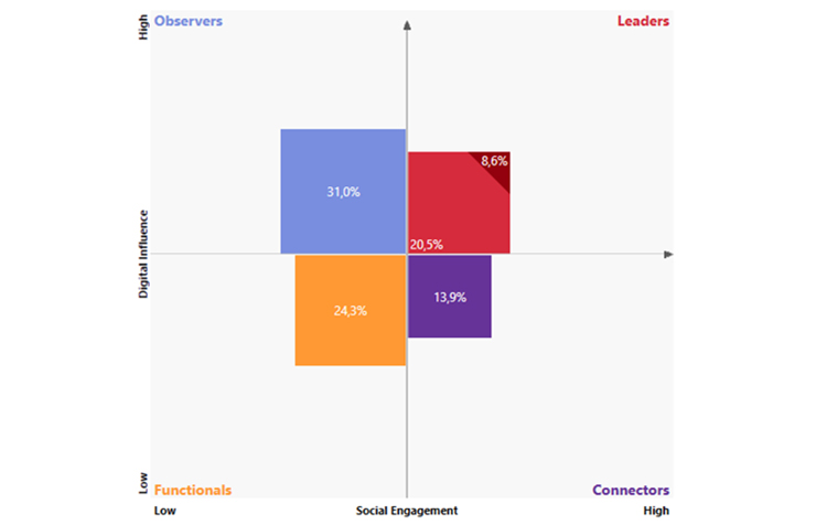 Diagram: Super Leaders, fördelning på Observers (31 %), Functionals (24,3 %), Connectors (13,9 %) och Leaders (8,6 %)